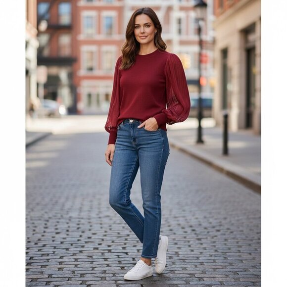 89th + Madison Solid Knit w/Metallic Striped Sleeve Top Sz S Red 184K - Picture 3 of 10